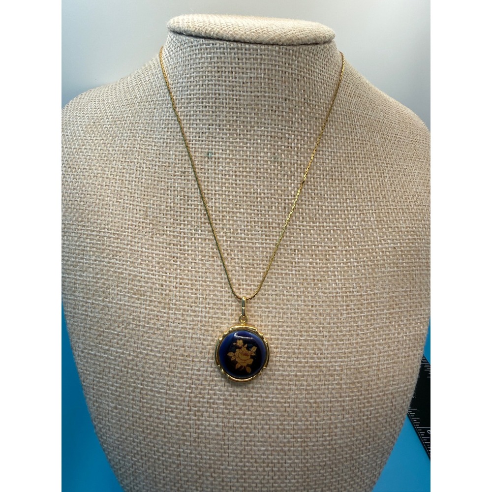 Vintage Limoges France Cobalt Blue Gold Rose Porcelain Pendant Necklace 18 Inch